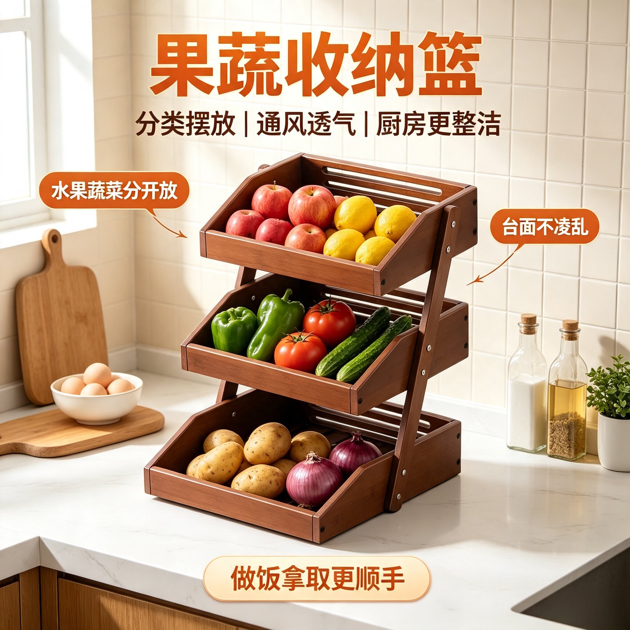 楠竹水果蔬菜置物架厨房多层沥水收纳架蛋糕架展示面包果蔬收纳筐