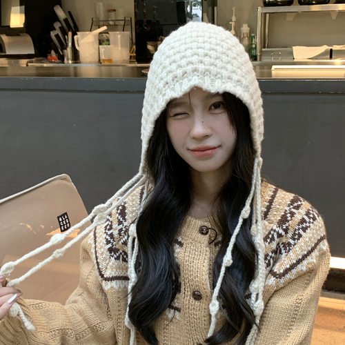 帽子川西旅游红色镂空手工针织包头女秋冬季显脸小流苏毛线帽冷帽