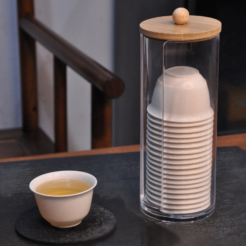 加厚耐高温防烫一次性功夫茶杯可降解家用带茶杯架收纳盒稻壳水杯