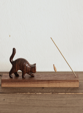 与猫共生摆件原创纯手工雕刻木猫