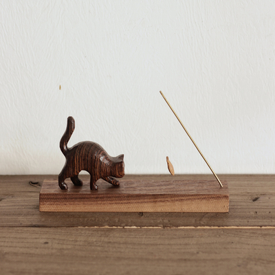 与猫共生摆件原创纯手工雕刻木猫