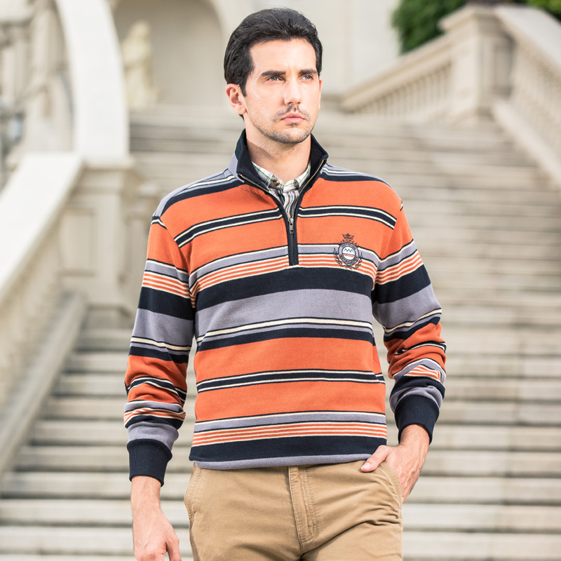 GERTOP德意志山峰男装 秋季纯棉休闲条纹立领长袖T恤F4502027