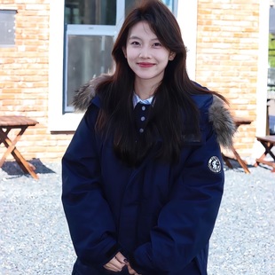 蔻朵希2025冬新款韩版宽松工装外套小个子毛领派克羽绒服女白鸭绒