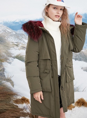 孤品清s码微瑕军绿色中长款白鸭绒羽绒服女318412554 2399