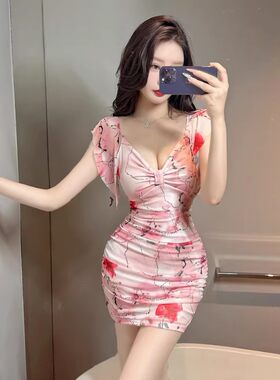 夜店女装性感V领网纱连衣裙气质收腰显瘦紧身包臀短裙夜场工作服