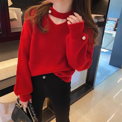 高级感毛衣设计感小众女2025新款爆款外穿红色针织衫别致洋气上衣