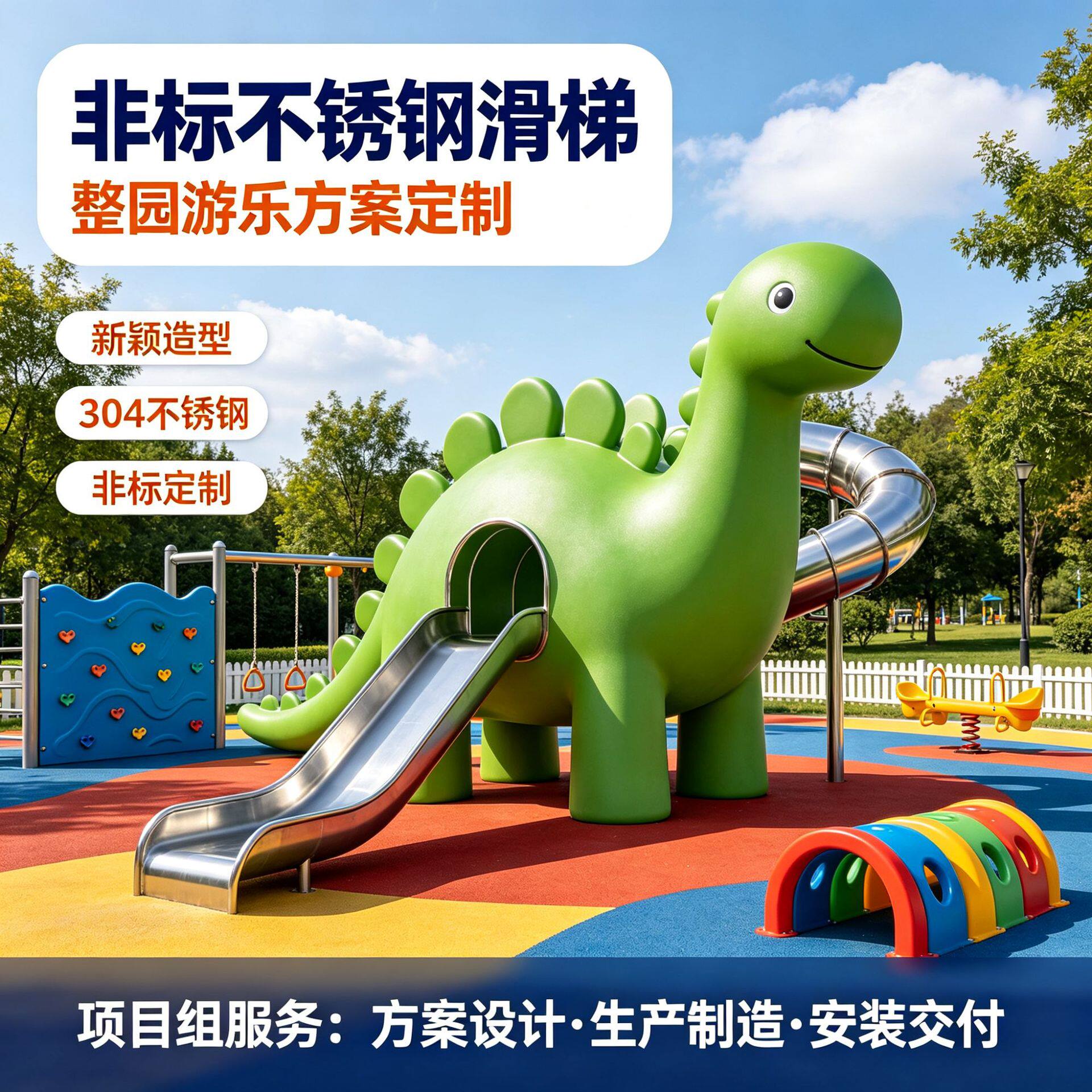 户外大型恐龙造型非标定制304不锈钢滑梯组合儿童游乐设备公园