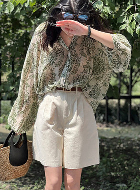 春夏季小众复古宽松显瘦绿色碎花灯笼袖微透雪纺衫bf防晒衬衫女