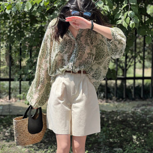 bf防晒衬衫 微透雪纺衫 女 小众复古宽松显瘦绿色碎花灯笼袖 春夏季