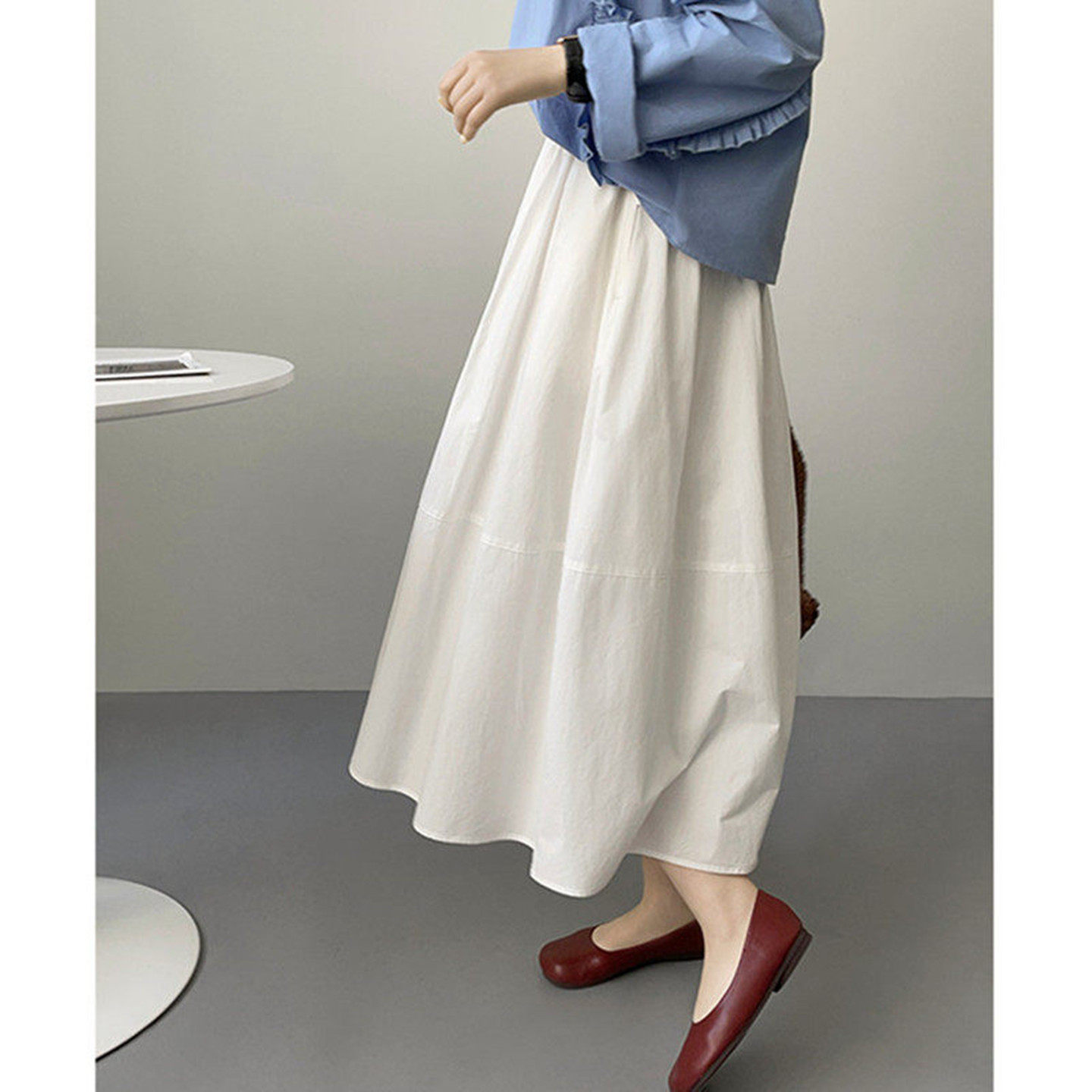 春夏季白色松紧腰口袋半身裙女伞裙中长款显瘦休闲宽松A字显瘦裙
