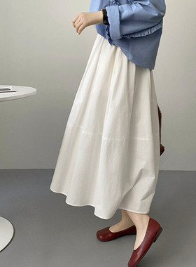 春夏季白色松紧腰口袋半身裙女伞裙中长款显瘦休闲宽松A字显瘦裙