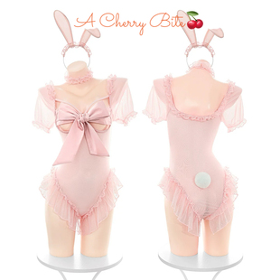 「绒耳契约」性感纯欲风粉色透视网纱开档绑带露胸免脱内衣套装