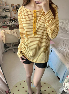 美式高街复古条纹防晒罩衫纽扣长袖t恤女夏季宽松一字肩微透上衣