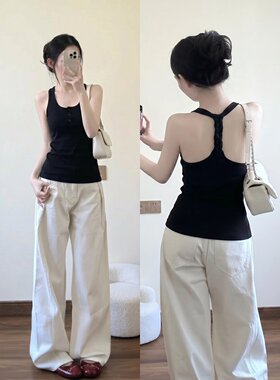 露背设计感U领工字美背吊带背心女夏季外穿修身收腰挂脖无袖上衣