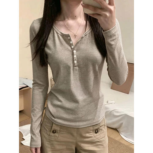 韩系亨利领条纹正肩长袖t恤女早秋bm风慵懒小众chic上衣
