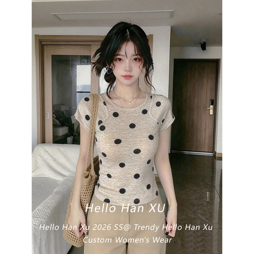 HanXu自制韩系chic2026夏季新款短袖上衣女圆领天丝修身波点T恤