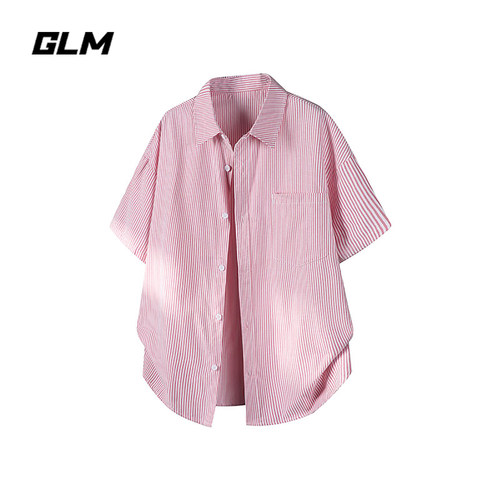 GLM美式条纹短袖衬衫男夏季新款潮流宽松翻领休闲通勤风半袖衬衣
