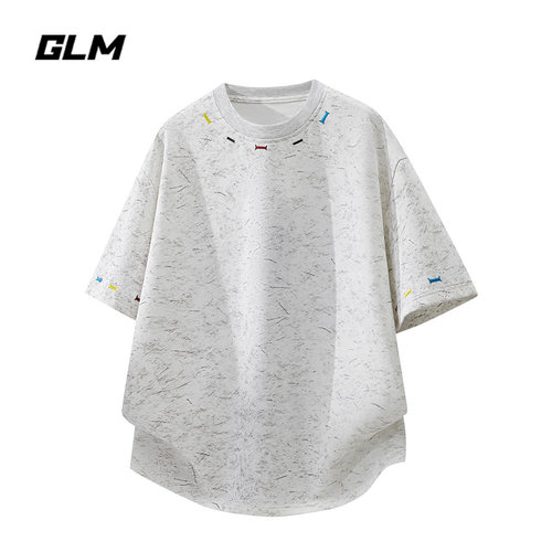 GLM潮牌美式刺绣圆领短袖T恤男夏季新款宽松落肩袖百搭体恤上衣