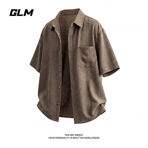 GLM老钱风仿亚麻短袖衬衫男款夏季新款透气清凉感高级感休闲衬衣