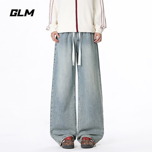 GLM美式水洗抽绳直筒牛仔裤男2026秋季新款潮牌宽松休闲百搭长裤