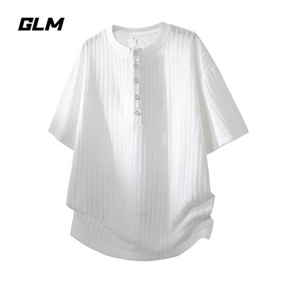 GLM美式亨利领短袖T恤男夏季新款肌理感宽松休闲透气潮流百搭上衣