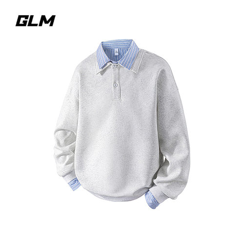 GLM假两件条纹拼接衬衫领卫衣男学院风休闲长袖上衣
