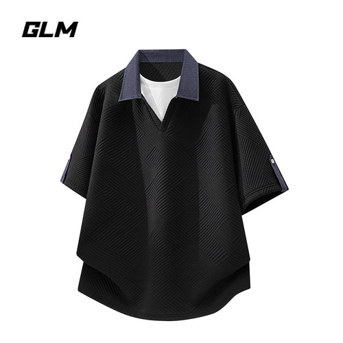 GLM美式复古撞色假两件短袖T恤男夏季宽松休闲翻领肌理感提花上衣