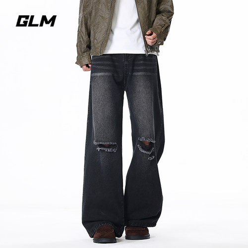 GLM美式高街破洞牛仔裤男秋季潮牌宽松阔腿拖地裤潮流街头长裤子