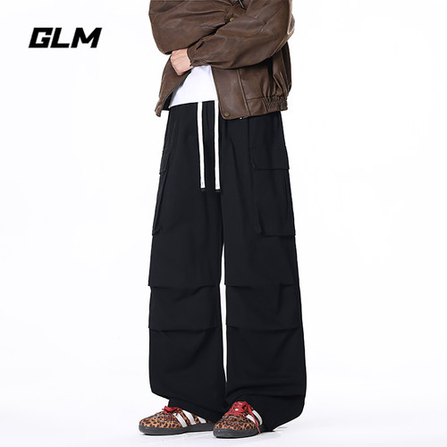 GLM纯棉工装风立体口袋阔腿休闲裤男秋季潮牌宽松直筒伞兵长裤子