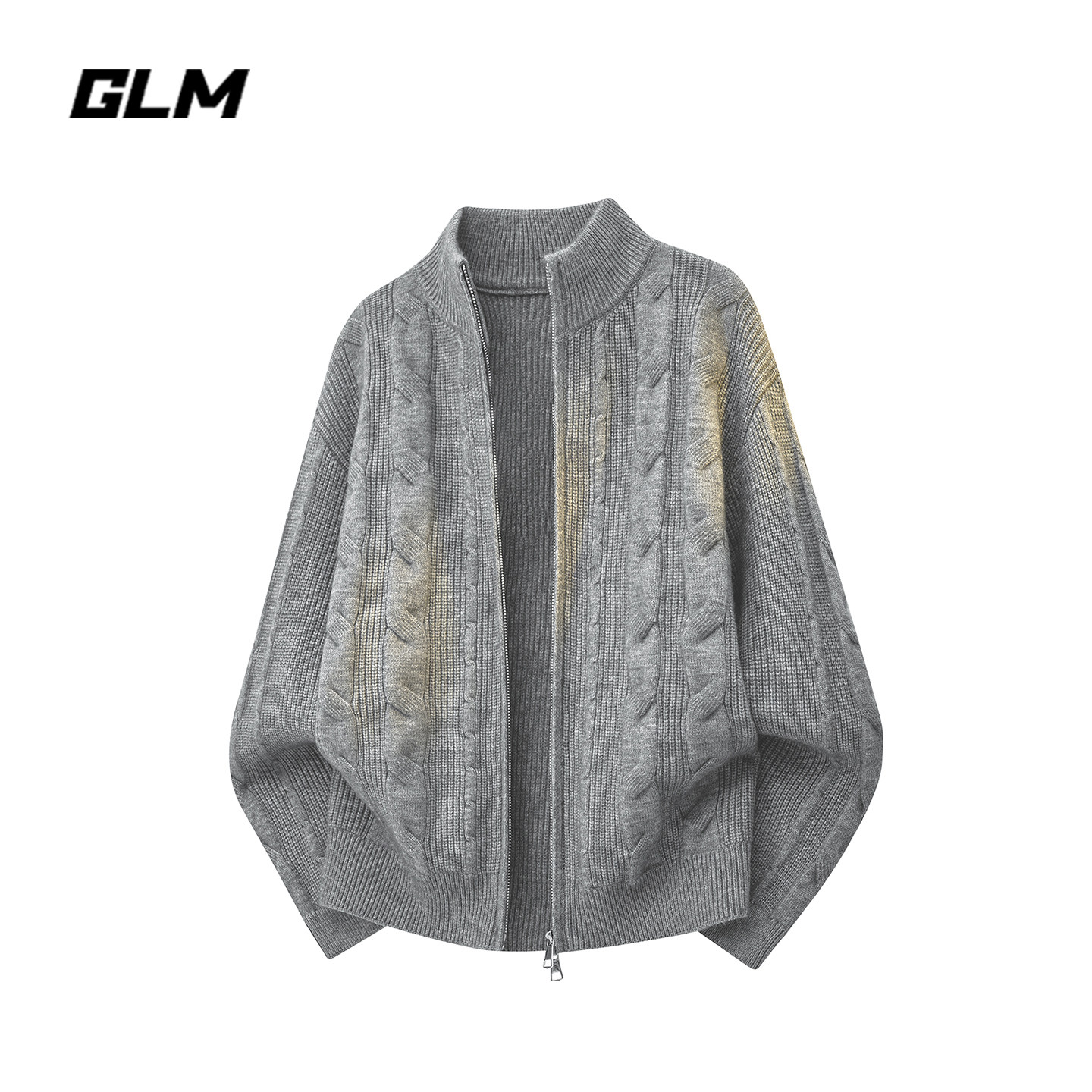 GLM绞花立领双拉链针织开衫毛衣男秋冬季麻花纹理慵懒风宽松外套