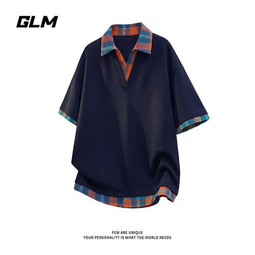 GLM美式假两件格纹拼接翻领短袖POLO衫男夏季潮流宽松休闲半袖T恤