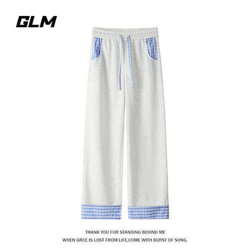 GLM美式复古拼接风格子阔腿休闲裤男秋季潮牌宽松直筒运动裤长裤