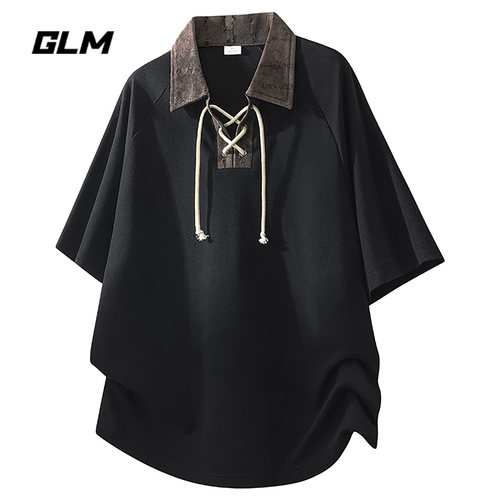 GLM美式撞色绑带短袖polo衫男夏季休闲翻领设计感潮牌T恤套头衫