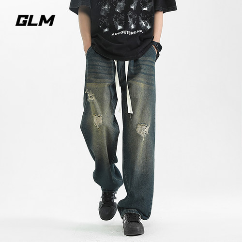 GLM美式复古风破洞做旧牛仔裤男2026秋季新款宽松直筒高街长裤子