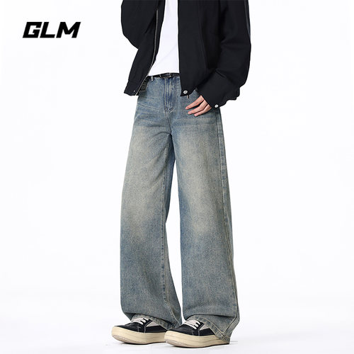 GLM美式街头水洗做旧休闲牛仔裤男秋季潮牌宽松百搭潮流直筒长裤