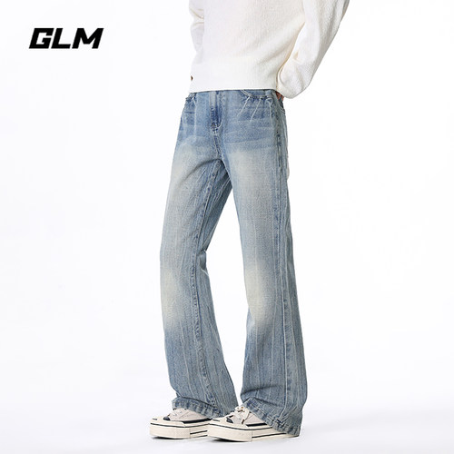 GLM美式闪电纹水洗微喇牛仔裤男秋季潮牌宽松阔腿做旧百搭长裤子