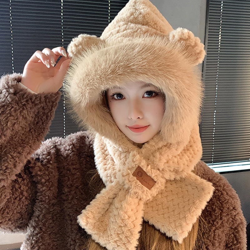 帽子围巾一体冬季毛绒帽子三件套骑行保暖护耳包头帽子女针织帽子