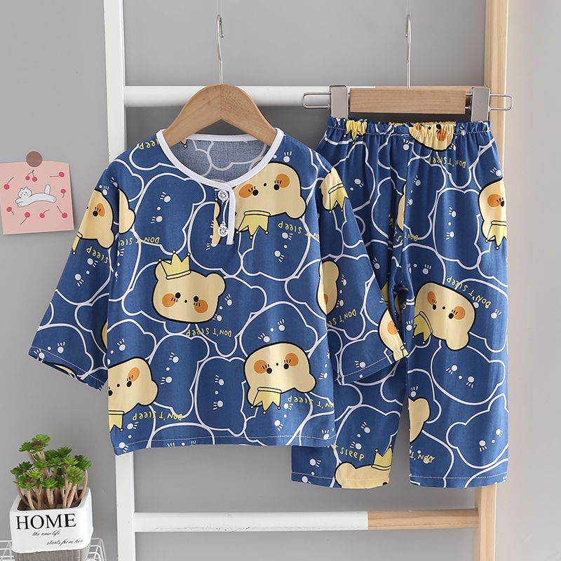 儿童睡衣夏季长袖薄款套装卡通棉绸男童女童中大童空调家居服