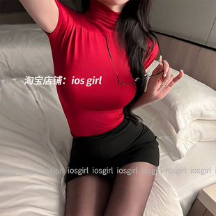 iosgirl“受气包”甜美辣妹风红色高领短袖睡裙爆显身材包臀短裙