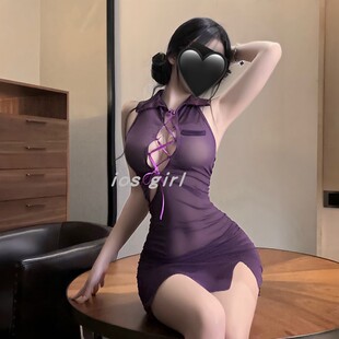 iosgirl怎敢懈怠？性感V领无袖紫色睡裙女薄纱绑带包臀裙私房纯欲