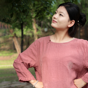 花枝秾 原创气质茶歇裙手工缝线刺绣宽松纯亚麻长连衣裙春夏长裙