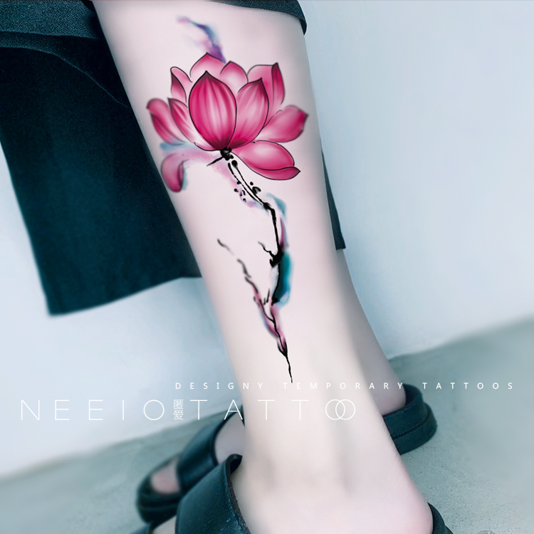 neeio纹身贴 彩色水墨莲花 瑜伽古风荷花后背小腿挡疤大图 防水女