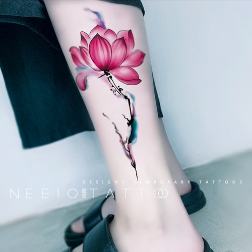 neeio纹身贴 彩色水墨莲花 古风荷花后背小腿挡疤大图 防水女