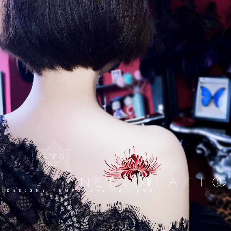 neeio纹身贴 唯美彼岸花 红色曼珠沙华肩膀胸前脚踝小图案 防水女