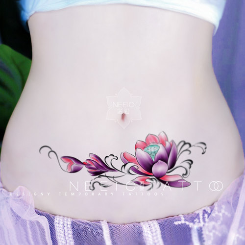 neeio纹身贴 紫梦莲漪 古风莲花荷花大图肚皮遮剖腹产疤痕 防水女