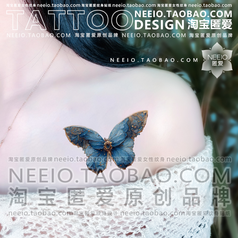 neeio纹身贴 蓝色圣域蝴蝶 穆夏风神秘个性新款胸前脚踝防水女