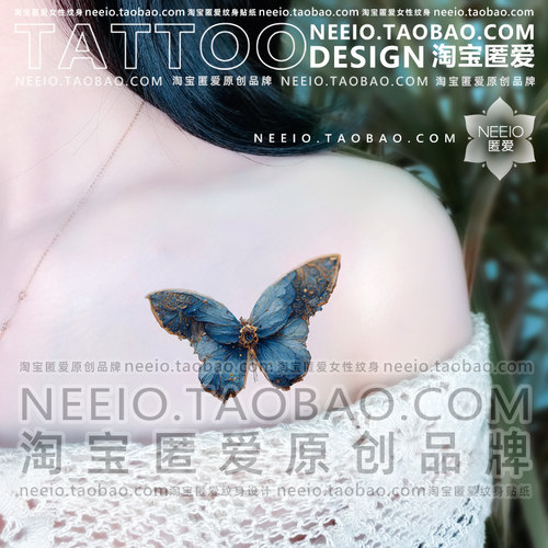 neeio纹身贴 蓝色圣域蝴蝶 穆夏风神秘个性新款胸前脚踝防水女