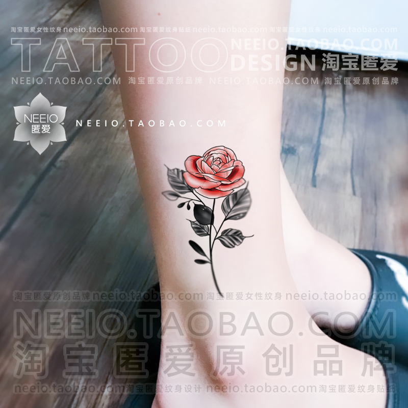 neeio 红色玫瑰花朵 性感脚踝原创纹身贴个性防水女文身贴纸持久