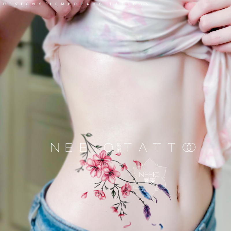neeio纹身贴 仙羽桃花妆 古风彩色花朵羽毛写真腰腹大图案 防水女