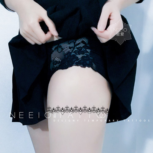 neeio纹身贴 简约黑色蕾丝花边 性感细长条大腿环手臂脚踝 防水女